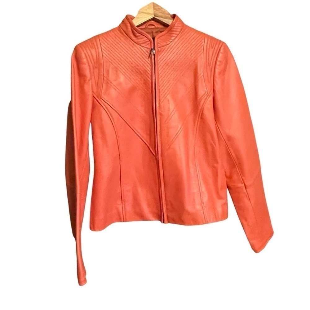 Bianca Nygard Orange Leather Crop Jacket-Zip up-Texturized Stitching - Size 8